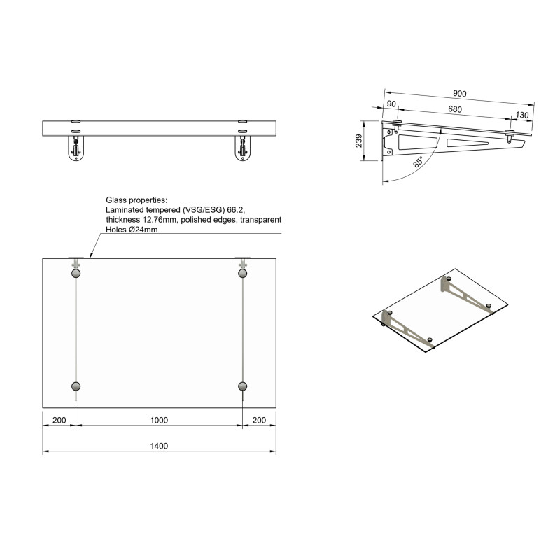 Strofix glass canopy on 2 truss brackets, 1400 × 900 mm, technical drawing