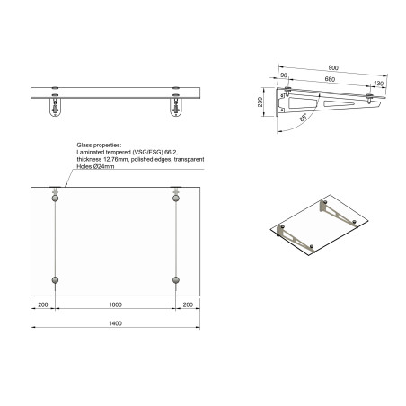 Strofix stikla jumtiņš uz 2 konsolēm, 1400 × 900 mm, tehniskais rasējums