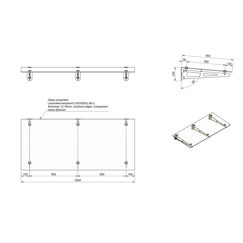 Strofix glass canopy on 3 truss brackets, 2000 × 900 mm, technical drawing