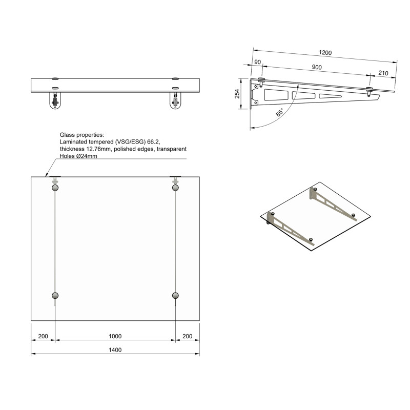 Strofix glass canopy on 2 truss brackets, 1400 × 1200 mm, technical drawing