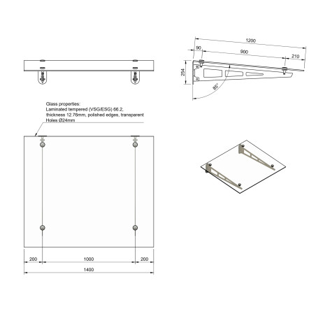 Strofix stikla jumtiņš uz 2 konsolēm, 1400 × 1200 mm, tehniskais rasējums