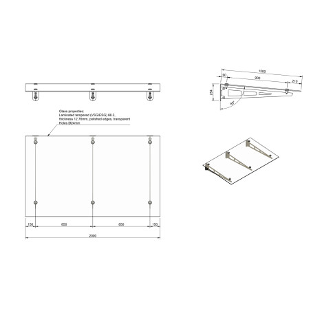 Strofix glass canopy on 3 truss brackets, 2000 × 1200 mm, technical drawing