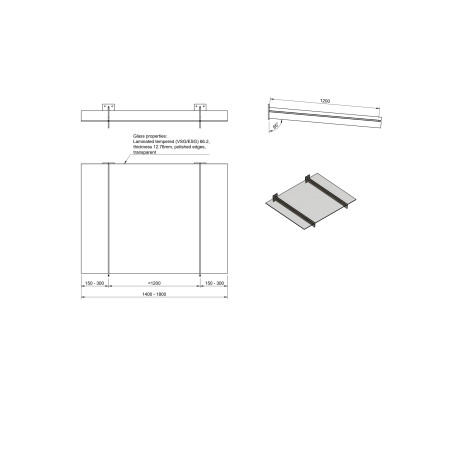 Strofix stikla jumts uz 2 spīļu tipa balstiem, 1400–1800 × 1200 mm, tehniskais rasējums