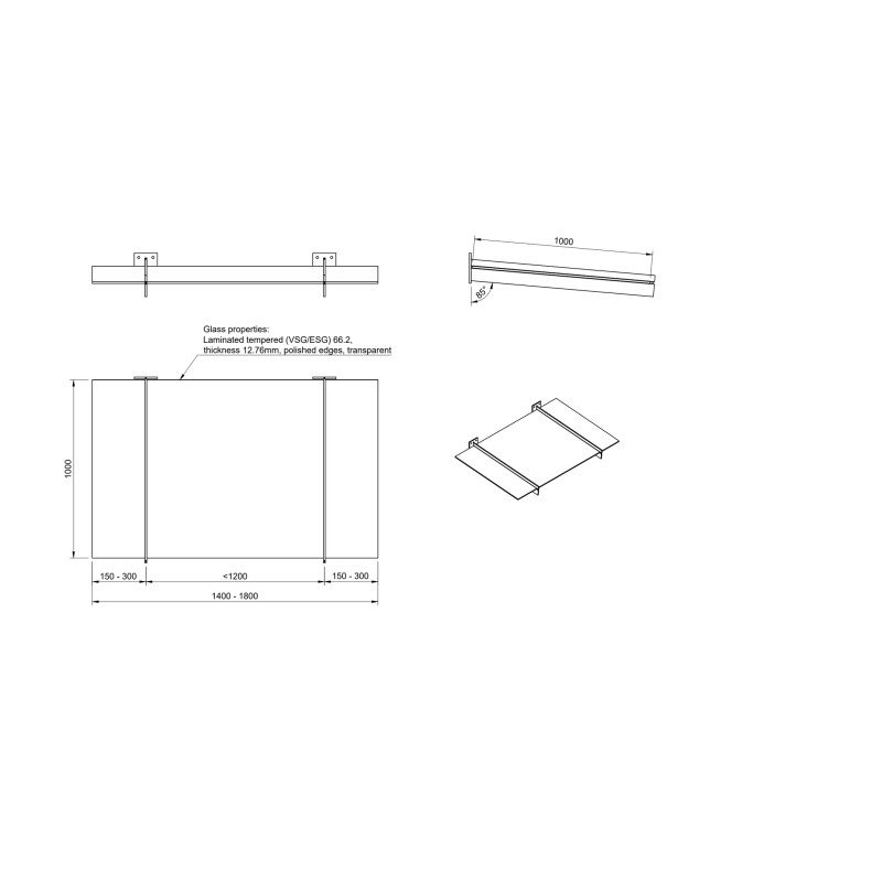 Strofix glass canopy on 2 clamp type brackets, 1400–1800 × 1000 mm, technical drawing