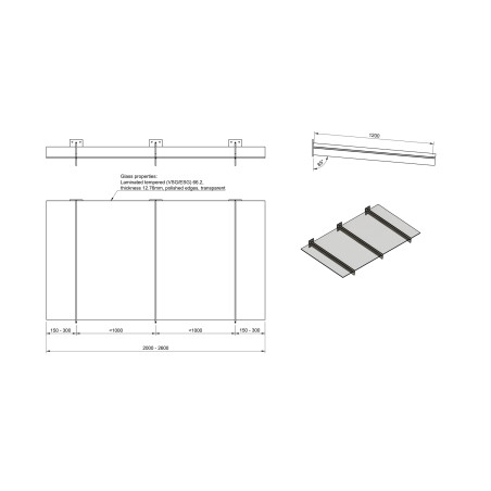 Strofix glass canopy on 3 clamp type brackets, 2000–2600 × 1200 mm, technical drawing