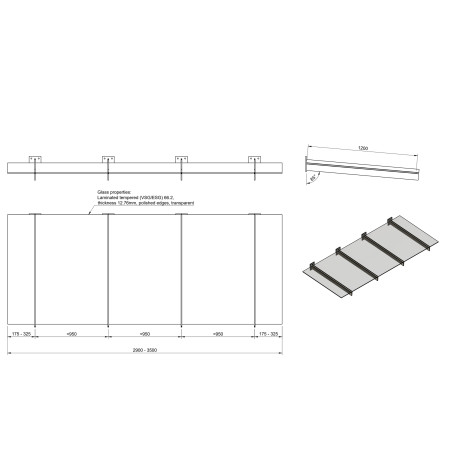 Strofix glass canopy on 4 clamp type brackets, 2900–3500 × 1200 mm, technical drawing
