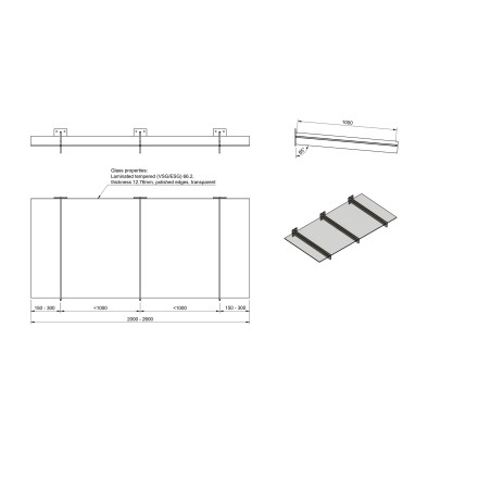 Strofix glass canopy on 3 clamp type brackets, 2000–2600 × 1000 mm, technical drawing
