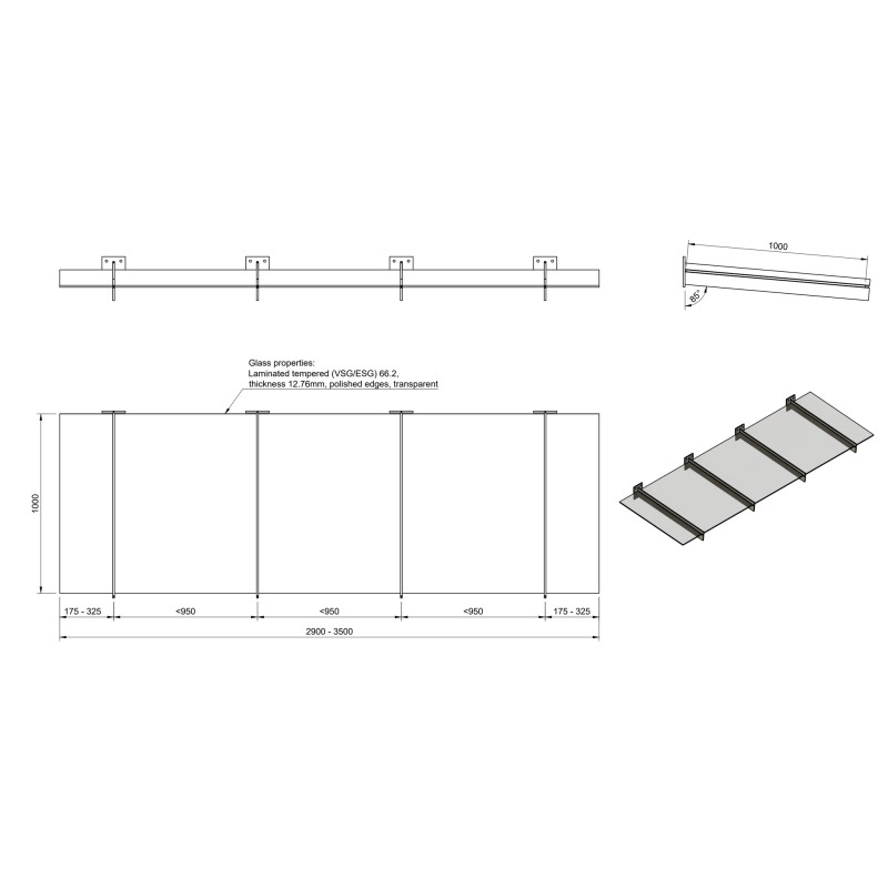 Strofix stikla jumts uz 4 spīļu tipa balstiem, 2900–3500 × 1000 mm, tehniskais rasējums