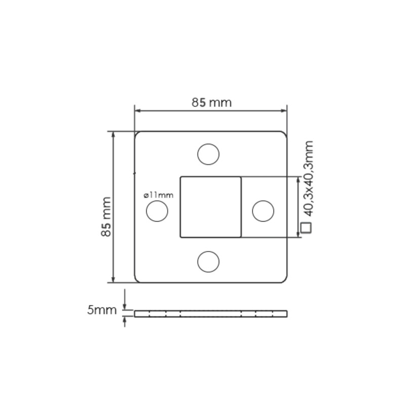 Strofix 85x85 S235 oglekļa tērauda pamatplāksnes augšējais skats, kurā redzamas skrūvju caurumu pozīcijas 40x40 mm stabam