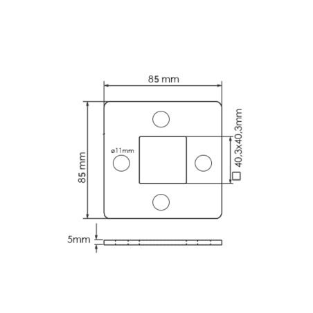Strofix 85x85 S235 oglekļa tērauda pamatplāksnes augšējais skats, kurā redzamas skrūvju caurumu pozīcijas 40x40 mm stabam