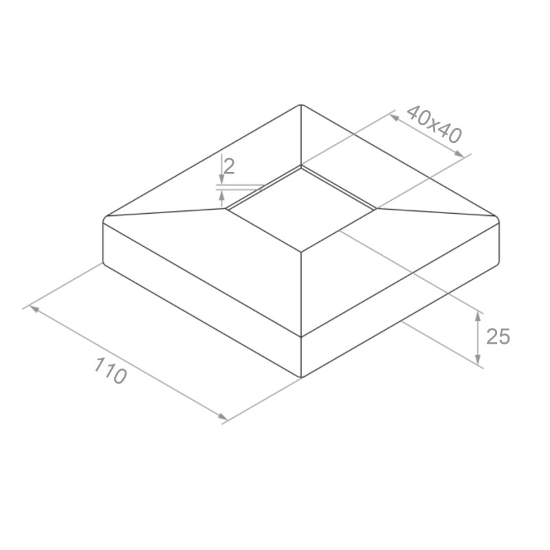 Strofix 110x110 mm nosegvāka rasējums: H 25 mm, 2 mm loksne, atvere 40x40 mm stabam
