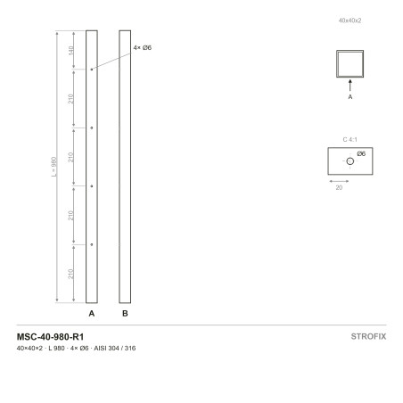 MSC-40-980-R1 rasējums: urbumu augstumi no caurules apakšas 210 / 420 / 630 / 840 mm