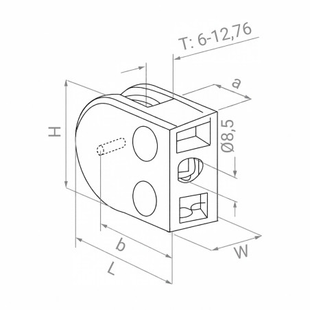 Strofix glass clamp 45x63 flat satin side view showing 28 mm depth and glass grip channel