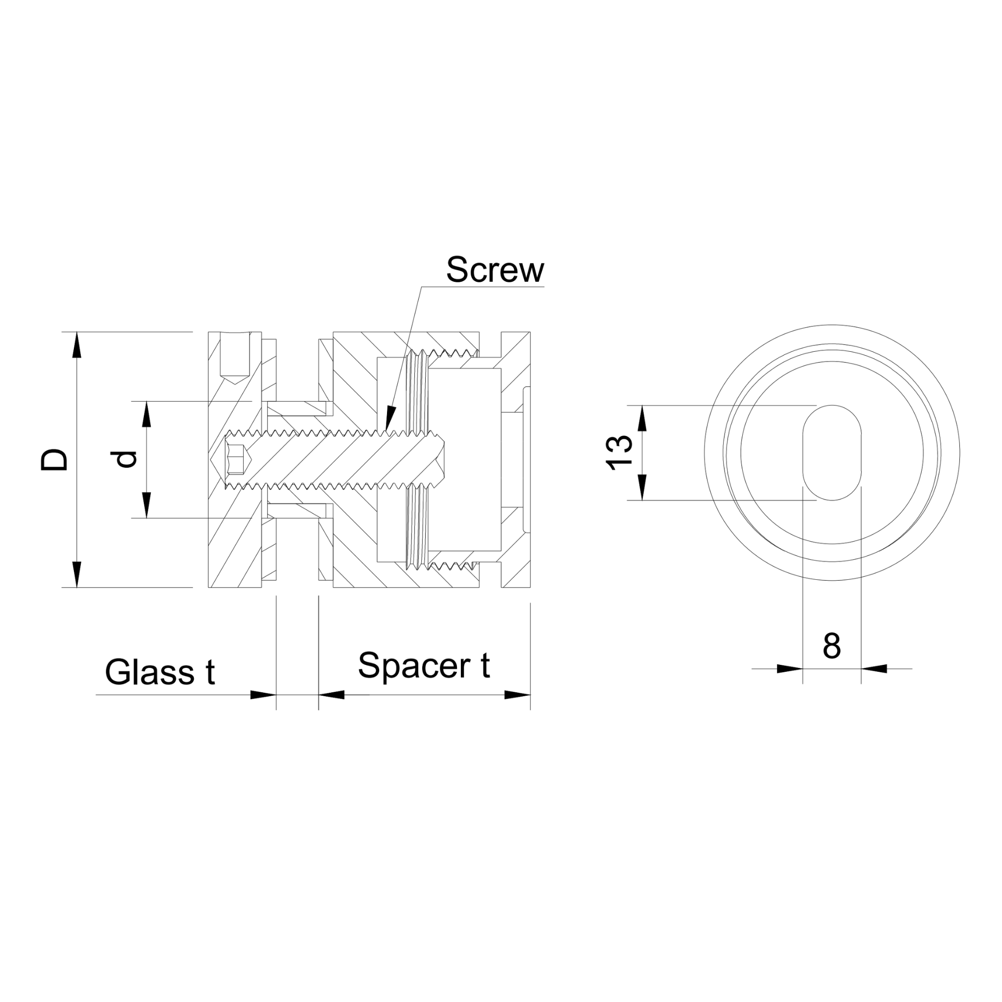 Glass adaptor D35, adjustable, SS, satin