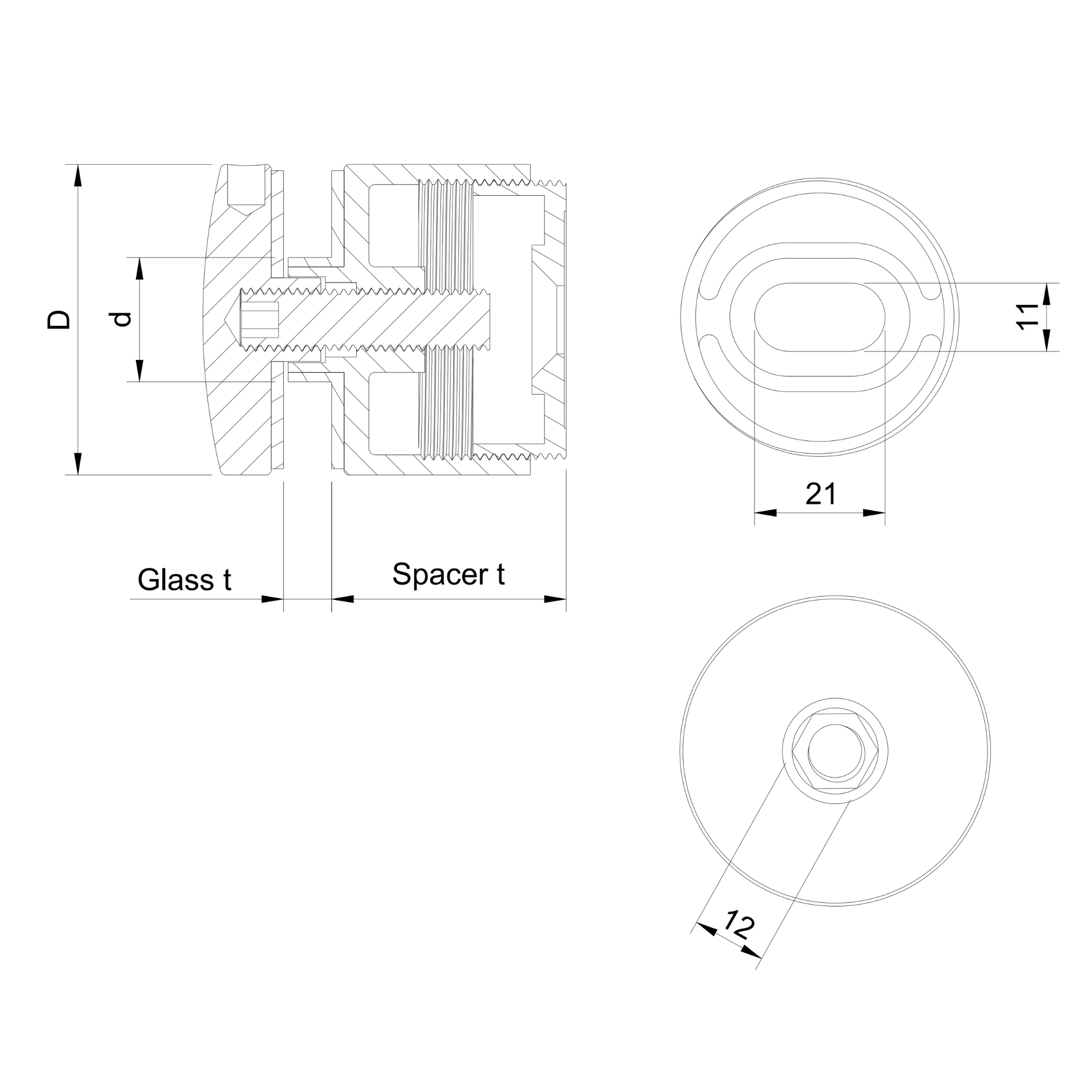 Glass adaptor D50 spherical, adjustable, SS, satin - Strofix