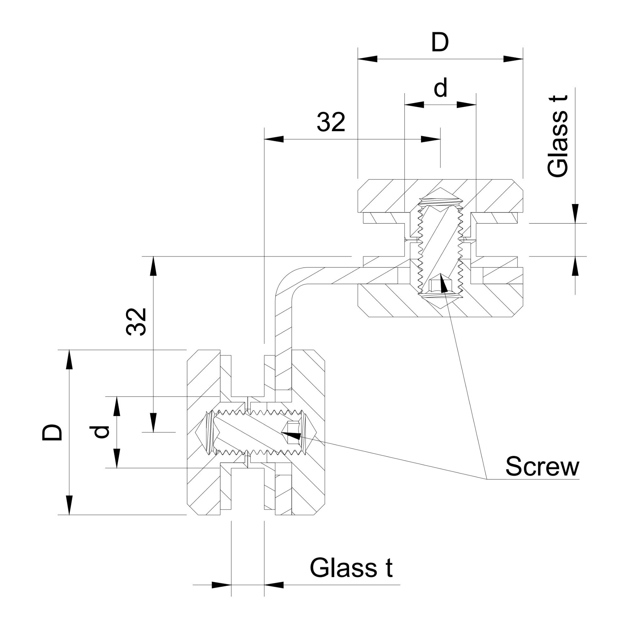 Glass adaptor D30, 90°, Glass/Glass, SS, satin - Strofix