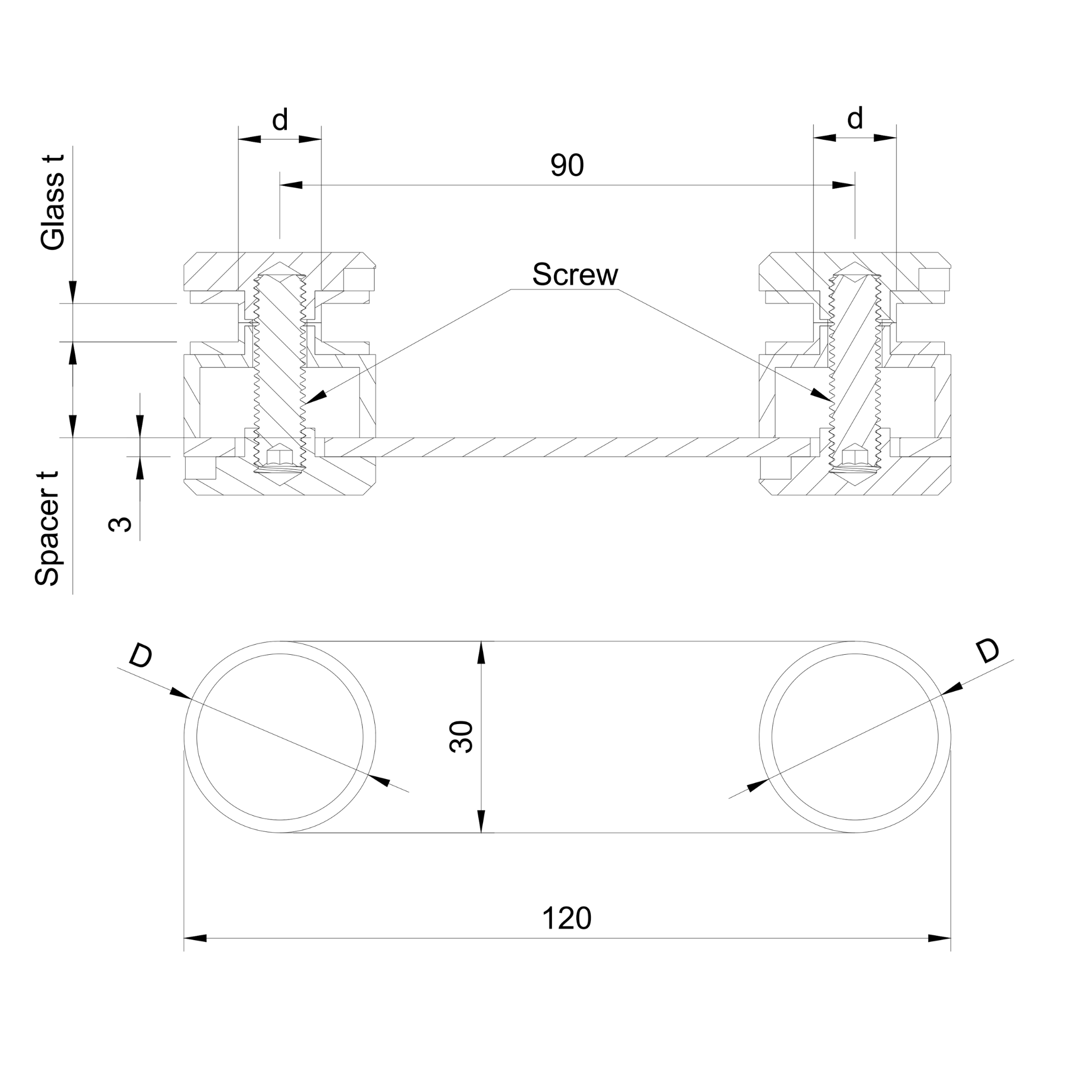 Glass adaptor - double, D30, SS, satin - Strofix