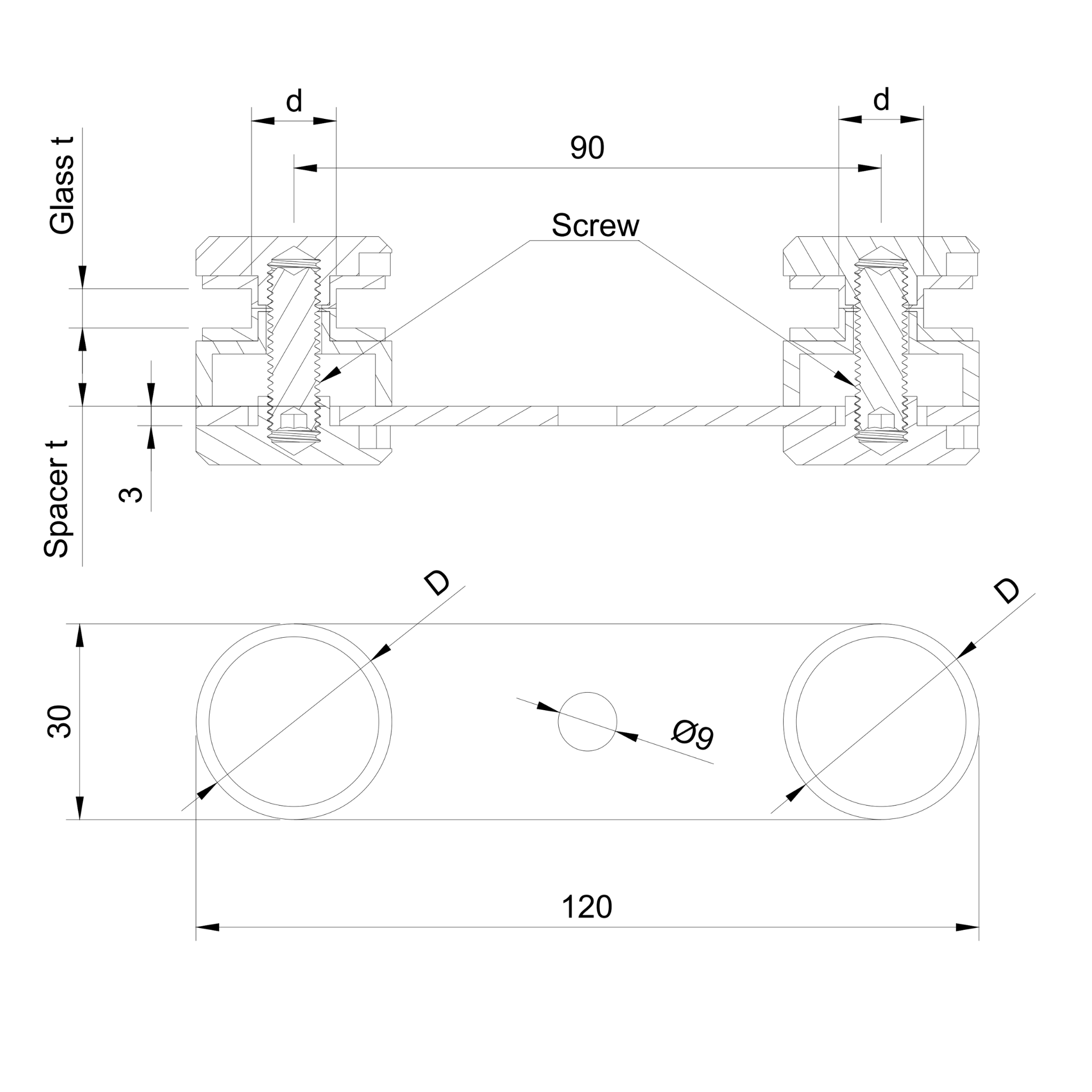 Glass adaptor - double, D30, SS, satin - Strofix