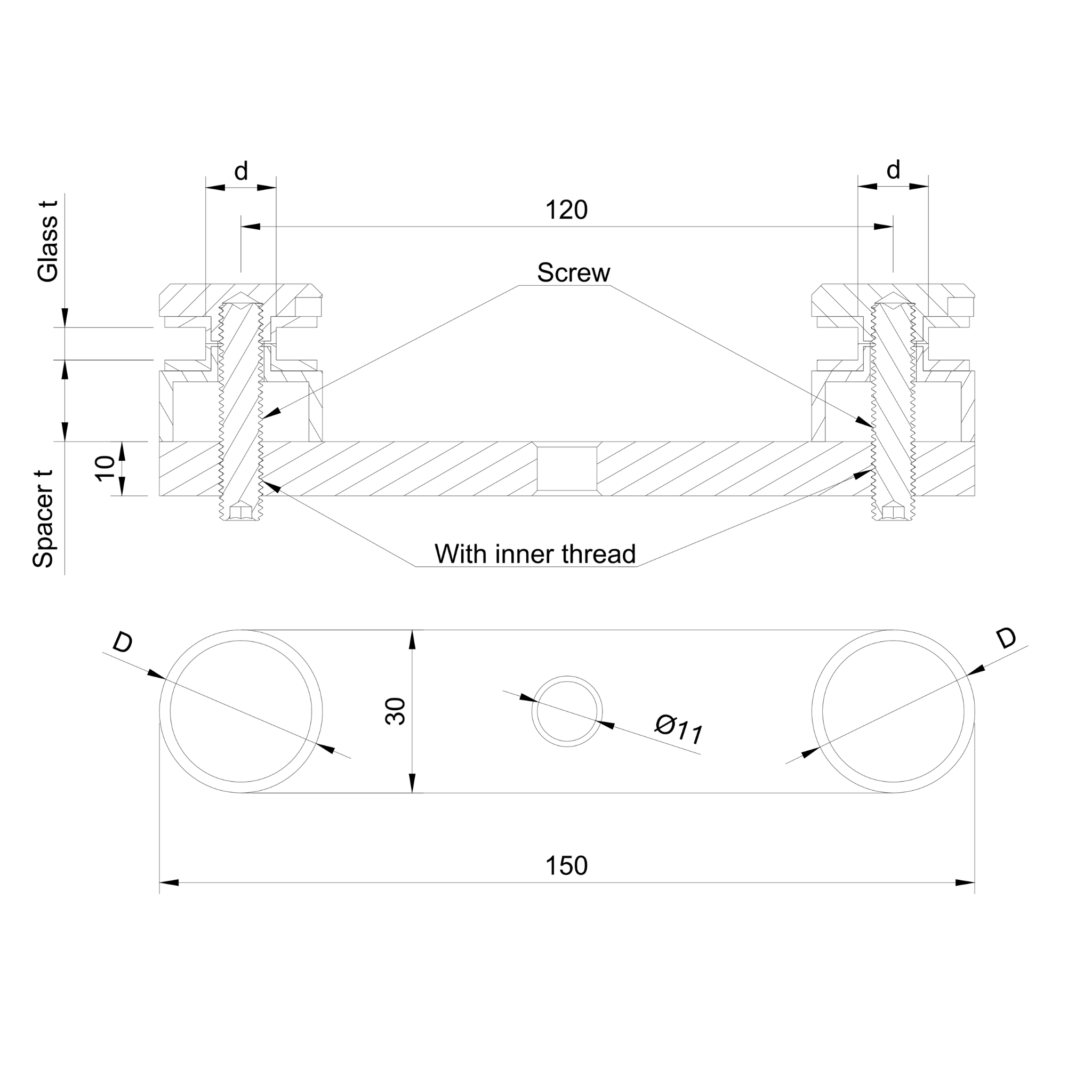 Glass adaptor - double, D30, SS, satin - Strofix