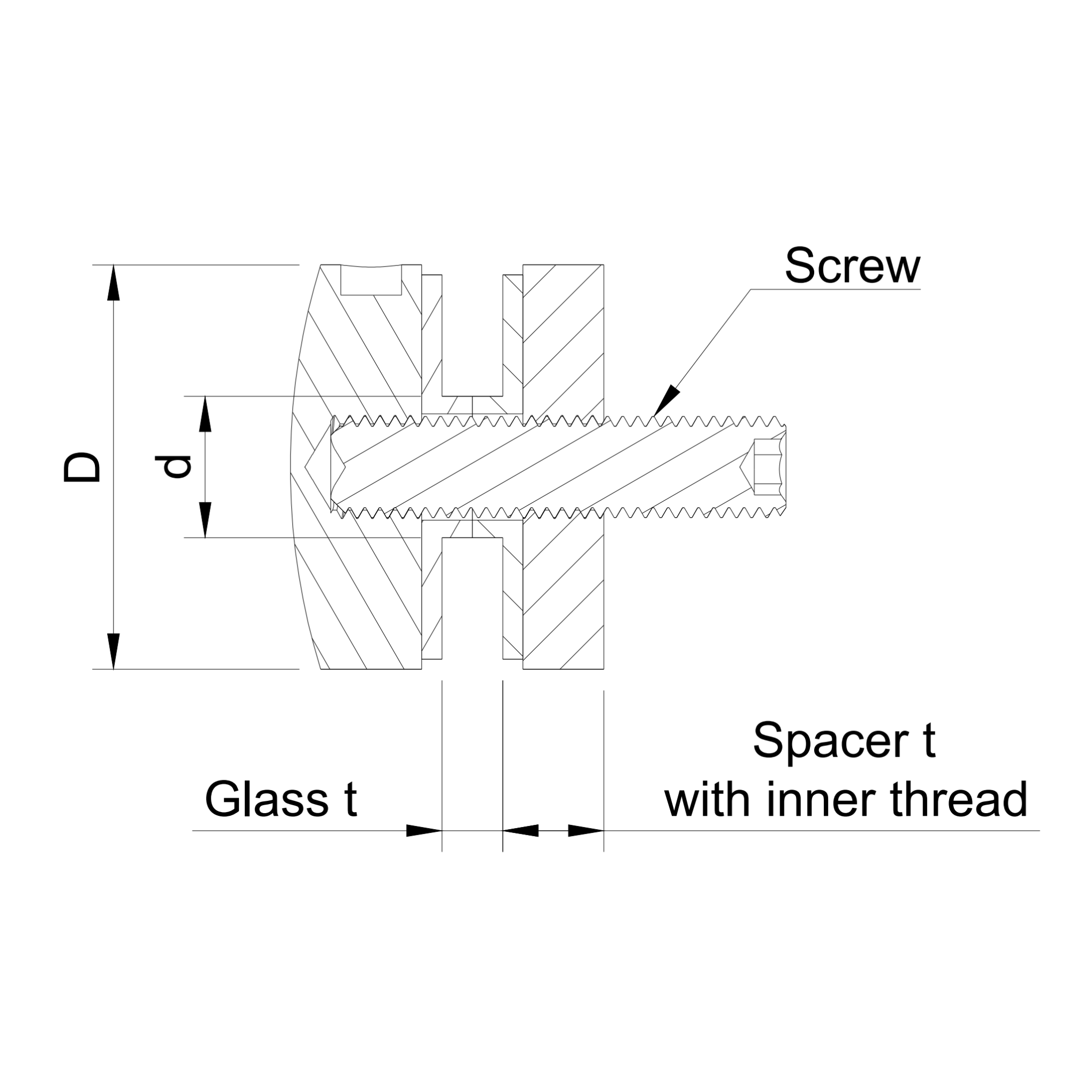 Glass adaptor D40 spherical, with inner thread, SS, satin